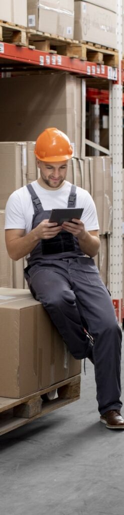 Man sitting box with tablet