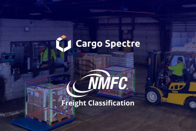 Cargo Spectre logo with NMFC freight classification overlay in a logistics warehouse setting, featuring dimensioned cargo pallets and a forklift.